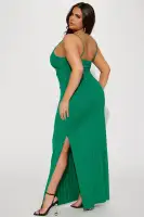 Elegant Green Maxi Dress with V-Neck, Spaghetti Straps & High Slit – Stretchy & Stylish(Green,XS)