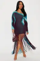 Turquoise One-Shoulder Fringe Sweater Mini Dress – Stretchy Long Sleeves