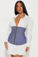 Sexy Blue Bandage Mini Dress with Corset Waist & Long Sleeves – Stretchy Pleated Zip-Front Style