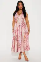 Elegant Pink Satin Midi Dress - V-Neck Halter Back with Zipper & Stretch Fit