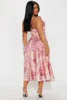 Elegant Pink Satin Midi Dress - V-Neck Halter Back with Zipper & Stretch Fit(Pink,XS)