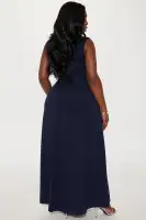Elegant Off White & Navy Maxi Dress – Sleeveless Pleated Design with Hidden Zipper(Navy,XS)