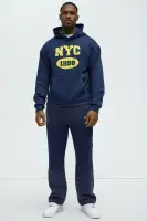 Navy Long Sleeve Printed Cotton-Polyester Hoodie(Navy,S)