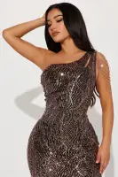 Elegant Sequin Midi Dress – One Shoulder with Embellished Detail & Cut Out – Black/Gold(Black/Gold,XS)