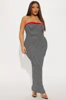 Elegant Strapless Striped Maxi Dress with Contrast Trim & Ruched Sides - Black/White(Black/White,S)