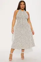 Elegant Tweed Midi Dress - High Neck Halter with Pockets & Backless Design(Ivory/combo,XS)