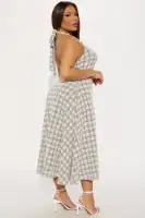 Elegant Tweed Midi Dress - High Neck Halter with Pockets & Backless Design(Ivory/combo,XS)