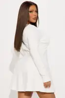 Chic Black & Off White Ponte Mini Dress - Notch Neckline, Long Sleeves & Back Zipper(Off White,XS)