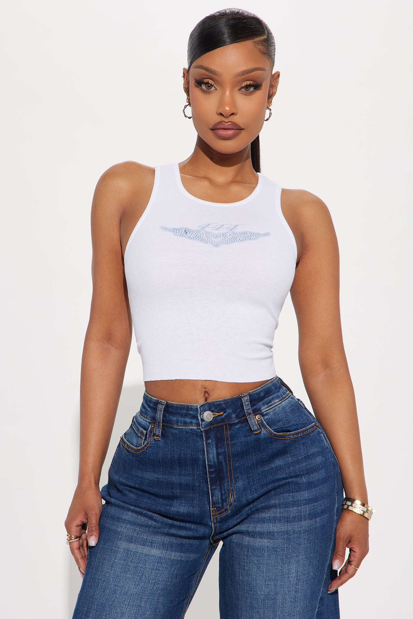 Stylish Rhinestone Cropped Tank Top - Scoop Neck Sleeveless Ribbed Stretch (50% Cotton 50% Polyester)