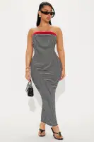 Elegant Strapless Striped Maxi Dress with Contrast Trim & Ruched Sides - Black/White
