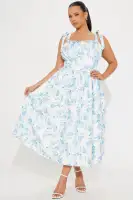 Floral Midi Dress with Square Neckline & Tie Shoulder - Stretch Smocked Back - White/Blue(White/Blue,XS)