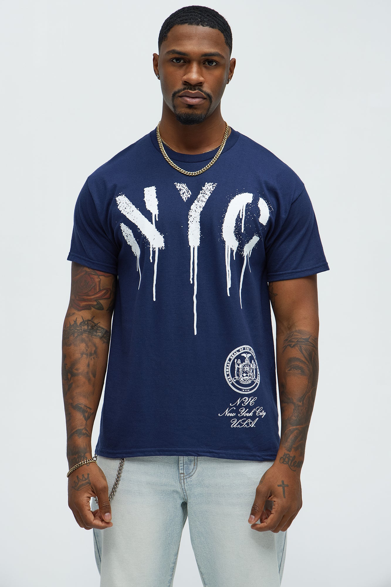 Navy Crew Neck Short Sleeve Screen Printed Cotton T-Shirt