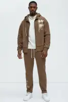 Brown Full Zip Long Sleeve Screen Print Hoodie(Brown,S)