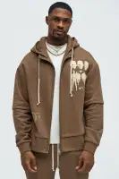 Brown Full Zip Long Sleeve Screen Print Hoodie(Brown,S)