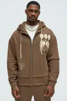 Brown Full Zip Long Sleeve Screen Print Hoodie