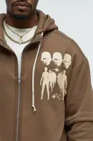 Brown Full Zip Long Sleeve Screen Print Hoodie(Brown,S)