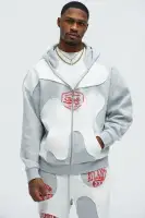 Hooded Full-Zipper Ribbed Trim Cotton-Polyester Blend Jacket(Heather/Combo,S)