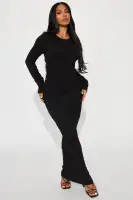 Elegant Black Ribbed Maxi Dress with High Neck & Long Sleeves – Button Back Closure, Stretchy Rayon Blend