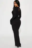 Elegant Black Ribbed Maxi Dress with High Neck & Long Sleeves – Button Back Closure, Stretchy Rayon Blend(Black,XS)
