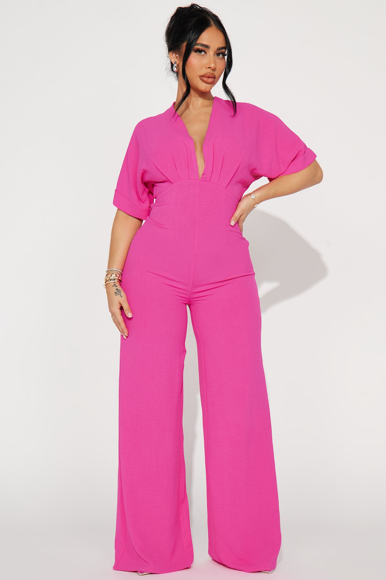 V-Neck Short Sleeve Elastic Waistband Wide Leg 34in Inseam Stretch Casual Jumpsuit