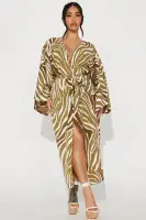 Elegant Olive Satin Maxi Dress with V-Neck & High Slit – Stretchy & Tie Waist