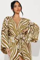 Elegant Olive Satin Maxi Dress with V-Neck & High Slit – Stretchy & Tie Waist(Olive,XS)