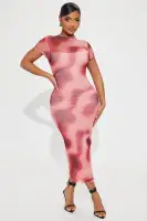 Stylish Printed Mesh Maxi Dress - Mock Neckline & Short Sleeves (Purple/Combo & Red/Combo)