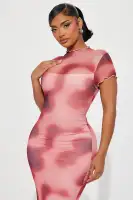 Stylish Printed Mesh Maxi Dress - Mock Neckline & Short Sleeves (Purple/Combo & Red/Combo)(Red/combo,S)