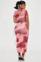 Stylish Printed Mesh Maxi Dress - Mock Neckline & Short Sleeves (Purple/Combo & Red/Combo)(Red/combo,S)