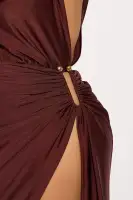 Elegant Tricot Midi Dress with Scoop Neck & Gold Hardware – Chocolate or White(Chocolate,XS)