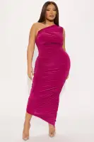 Elegant One-Shoulder Ruched Maxi Dress in Magenta & Olive – Stretchy Polyester Blend(Magenta,XS)