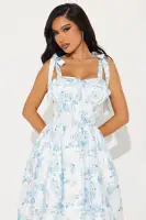 Floral Midi Dress with Square Neckline & Tie Shoulder - Stretch Smocked Back - White/Blue(White/Blue,XS)