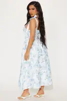 Floral Midi Dress with Square Neckline & Tie Shoulder - Stretch Smocked Back - White/Blue(White/Blue,XS)