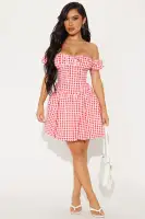 Red Gingham Off-Shoulder Bubble Mini Dress with Tie Front & Corset Waist – Summer Chic
