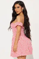 Red Gingham Off-Shoulder Bubble Mini Dress with Tie Front & Corset Waist – Summer Chic(Red,XS)