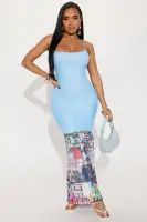 Stylish Blue Mesh Maxi Dress with Adjustable Straps & Floral Print – Comfort Stretch Fabric