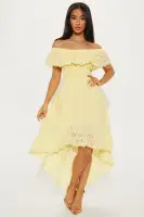 Chic Off-Shoulder High-Low Dress with Eyelet Trim - 100% Cotton in White & Yellow