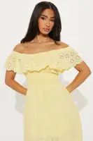 Chic Off-Shoulder High-Low Dress with Eyelet Trim - 100% Cotton in White & Yellow(Yellow,XS)
