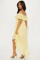 Chic Off-Shoulder High-Low Dress with Eyelet Trim - 100% Cotton in White & Yellow(Yellow,XS)