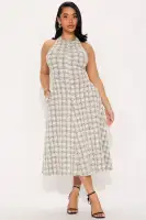 Elegant Tweed Midi Dress - High Neck Halter with Pockets & Backless Design