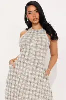 Elegant Tweed Midi Dress - High Neck Halter with Pockets & Backless Design(Ivory/combo,XS)