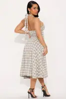 Elegant Tweed Midi Dress - High Neck Halter with Pockets & Backless Design(Ivory/combo,XS)