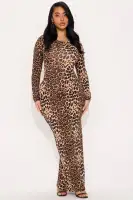 Leopard Print Maxi Dress - High Neck Long Sleeve Stretchy Polyester Spandex Blend