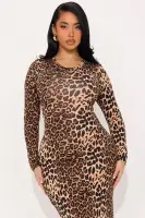Leopard Print Maxi Dress - High Neck Long Sleeve Stretchy Polyester Spandex Blend(Leopard,XS)