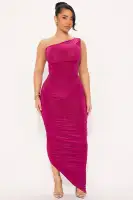 Elegant One-Shoulder Ruched Maxi Dress in Magenta & Olive – Stretchy Polyester Blend