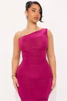 Elegant One-Shoulder Ruched Maxi Dress in Magenta & Olive – Stretchy Polyester Blend(Magenta,XS)