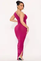 Elegant One-Shoulder Ruched Maxi Dress in Magenta & Olive – Stretchy Polyester Blend(Magenta,XS)