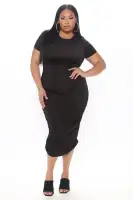 Stylish Ruched Midi Dress - High Neck, Short Sleeve in Black, Blue, Rust & Sand - 95% Rayon 5% Spandex(Black,XS)
