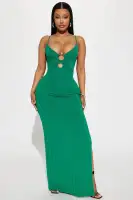 Elegant Green Maxi Dress with V-Neck, Spaghetti Straps & High Slit – Stretchy & Stylish