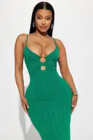 Elegant Green Maxi Dress with V-Neck, Spaghetti Straps & High Slit – Stretchy & Stylish(Green,XS)